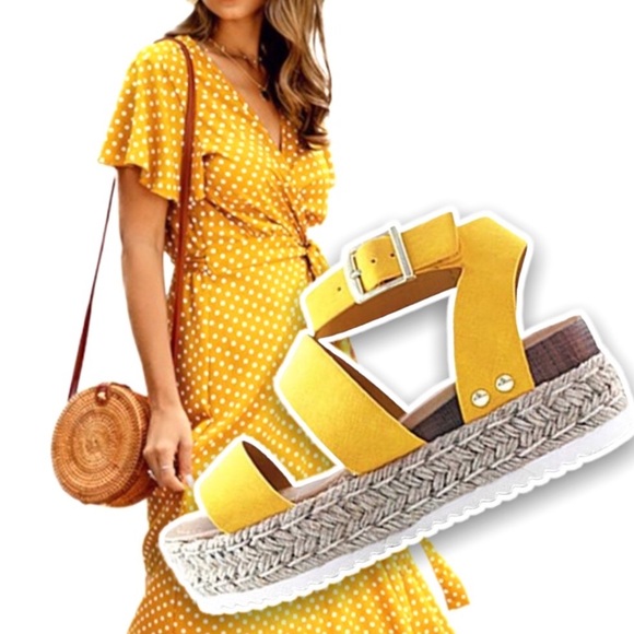 Soda Bryce Yellow Espadrille Stud Flatform Sandal - Picture 2 of 8